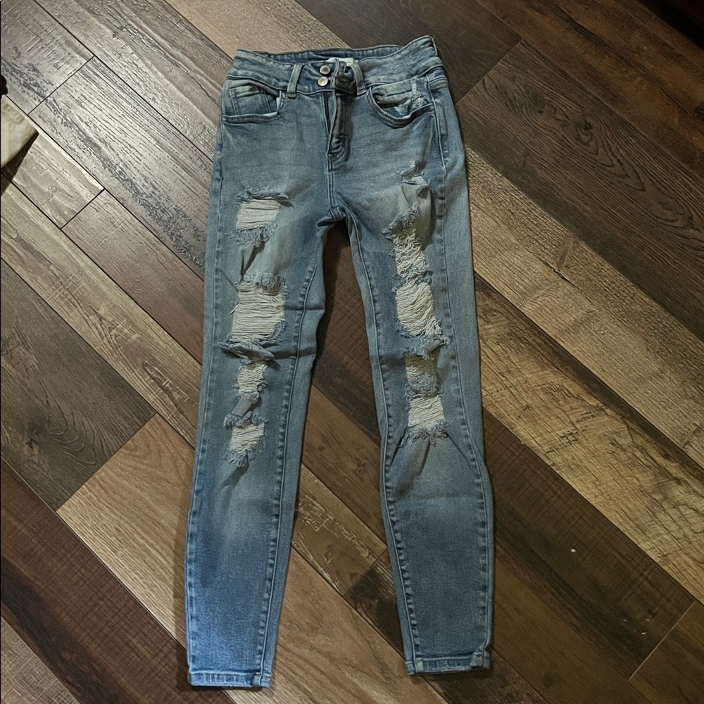 KanCan Women's Distressed Straight Leg Jeans - Blue